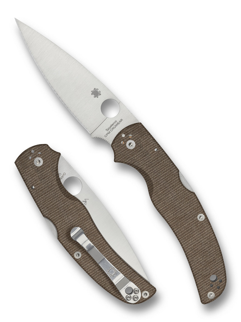 Spyderco Native Chief folding knife with thumb hole - shown open presentation side and closed pocket clip side.  Satin Cru-Wear steel plain edge blade.  Brown Micarta handle.  Model C244MPCW.