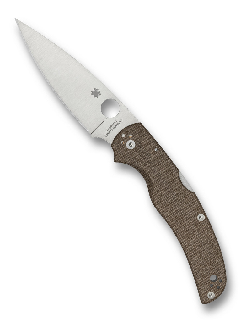 Spyderco Native Chief folding knife with thumb hole - shown open presentation side.  Satin Cru-Wear steel plain edge blade.  Brown Micarta handle.  Model C244MPCW.