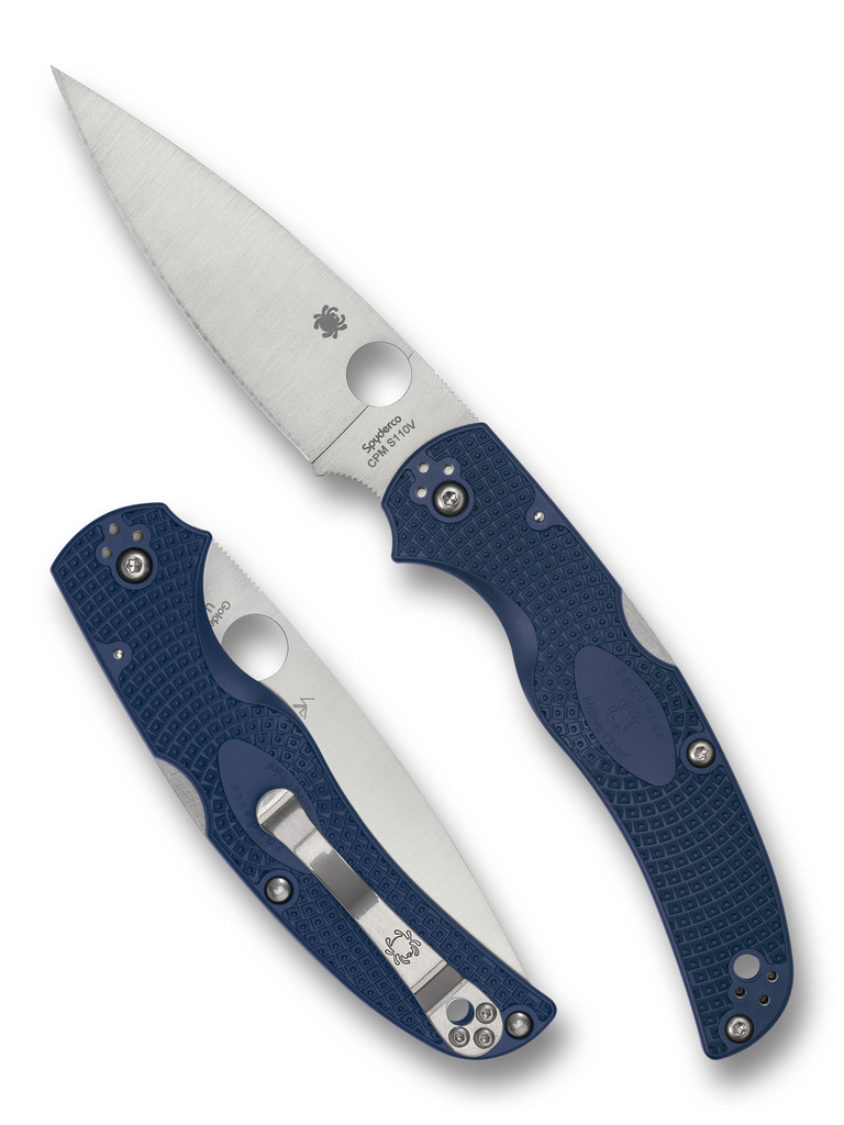 Spyderco Native Chief folding knife with thumb hole - shown open presentation side and closed pocket clip side.  Satin S110V stainless steel plain edge blade.  Dark Blue FRN handle.  Model C244PDBL.
