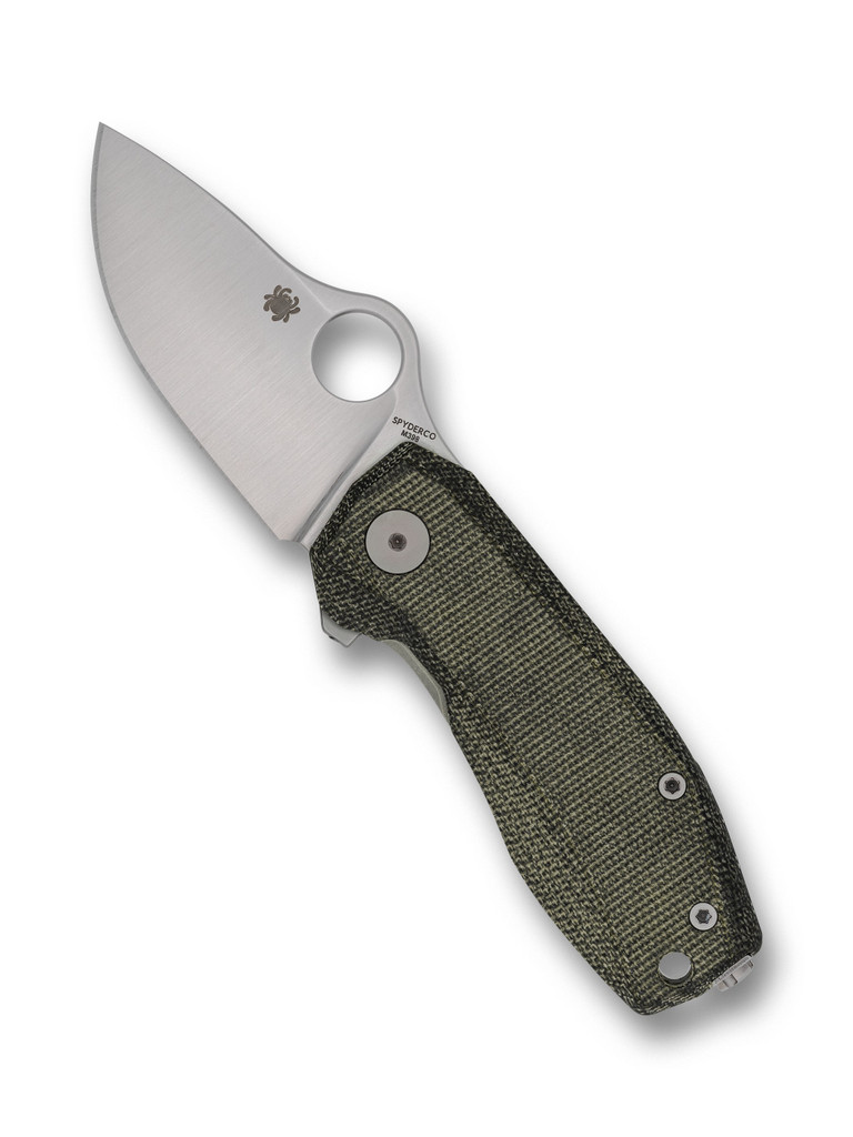 Spyderco SpyNano Flash Batch folding knife with thumb hole and flipper tab - shown open presentation side.  Satin M398 stainless steel plain edge blade.  Green Micarta handle with titanium lock side.  Model C268MTIP.