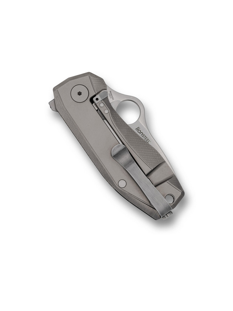 Spyderco SpyNano Flash Batch folding knife with thumb hole and flipper tab - shown closed pocket clip side.  Satin M398 stainless steel plain edge blade.  Green Micarta handle with titanium lock side.  Model C268MTIP.