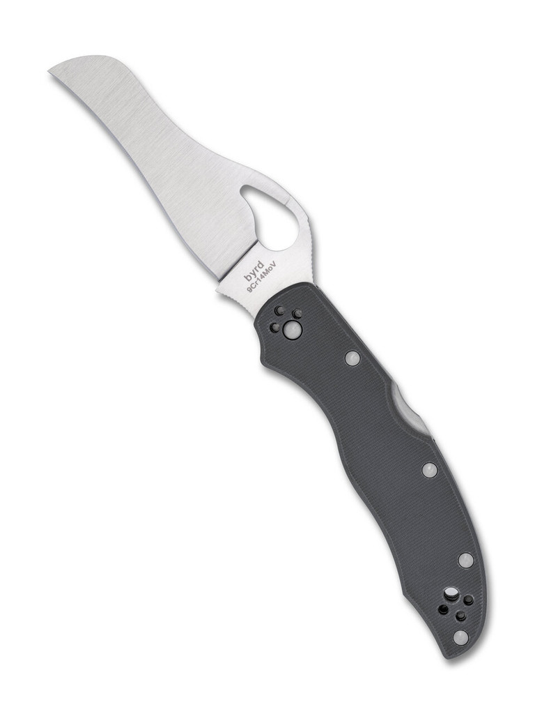 Byrd Knives Gooney folding knife with thumb slot - shown open presentation side.  Satin 9Cr14MoV stainless steel plain edge blade.  Gray G-10 handle.  Model BY23GPGY.