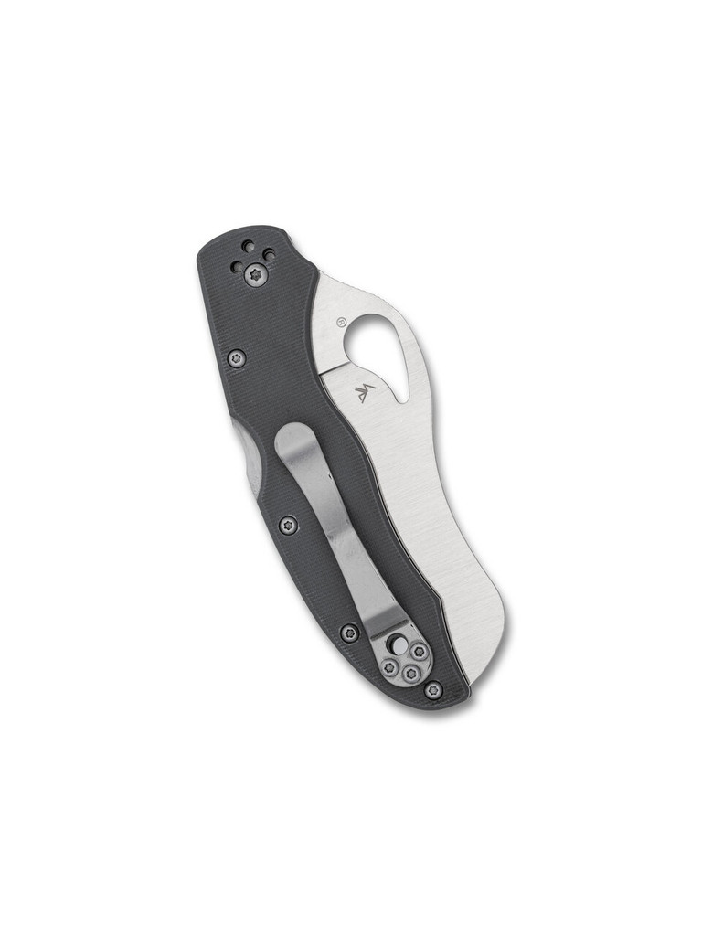 Byrd Knives Gooney folding knife with thumb slot - shown closed pocket clip side.  Satin 9Cr14MoV stainless steel plain edge blade.  Gray G-10 handle.  Model BY23GPGY.