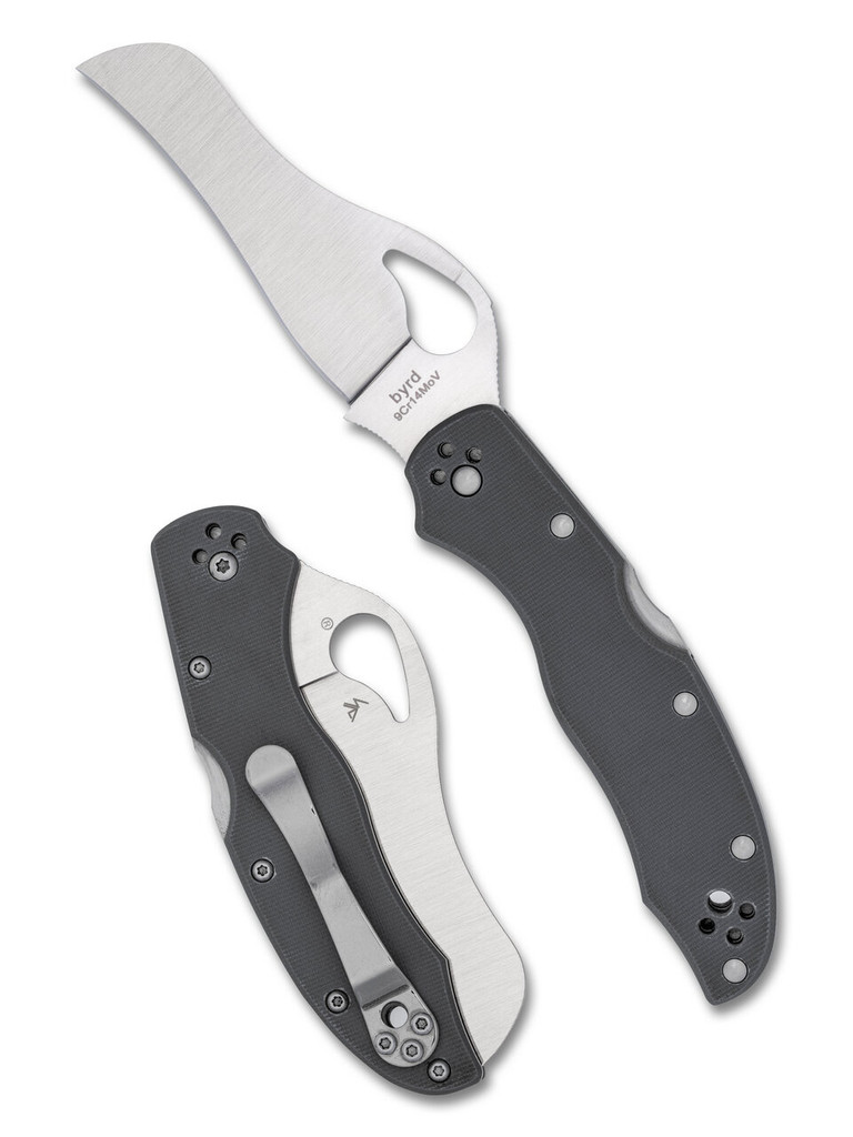 Byrd Knives Gooney folding knife with thumb slot - shown both open presentation side and closed pocket clip side.  Satin 9Cr14MoV stainless steel plain edge blade.  Gray G-10 handle.  Model BY23GPGY.