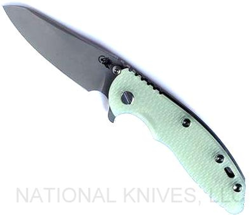 Rick Hinderer Knives XM-18 3.5" Sheepsfoot folding knife with thumb stud and flipper tab - shown open presentation side.  Working Finish S45VN stainless steel plain edge blade.  Translucent Green G-10 handle with Working Finish lock side.  Model KXM35SHF.