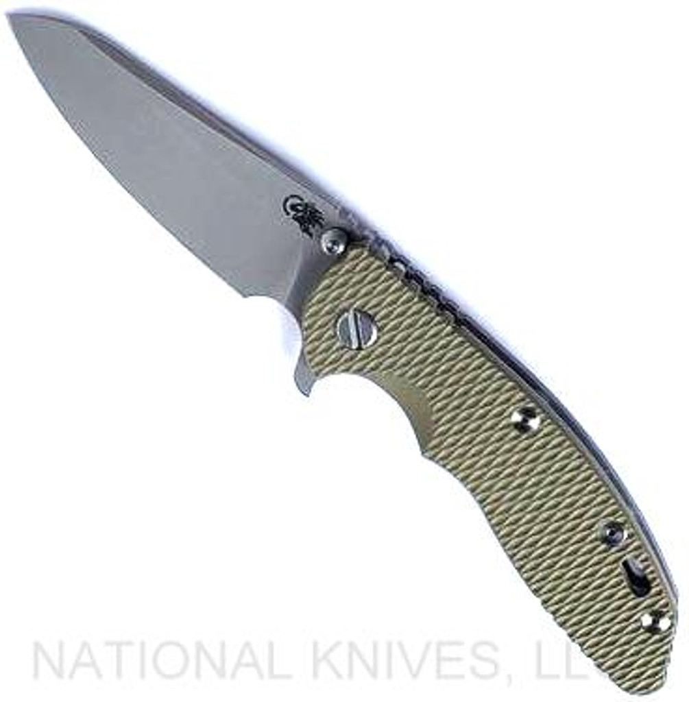 Rick Hinderer Knives XM-18 3.5" Sheepsfoot folding knife with thumb stud and flipper tab - shown open presentation side.  Working Finish S45VN stainless steel plain edge blade.  OD green G-10 handle with Working Finish lock side.  Model KXM35SHF.