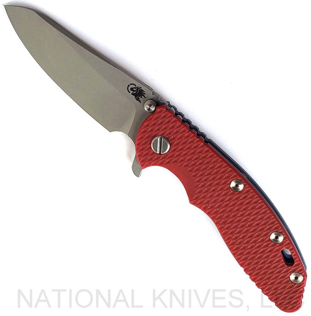 Rick Hinderer Knives XM-18 3.5" Sheepsfoot folding knife with thumb stud and flipper tab - shown open presentation side.  Working Finish S45VN stainless steel plain edge blade.  Red G-10 handle with Battle Blue lock side.  Model KXM35SHF.