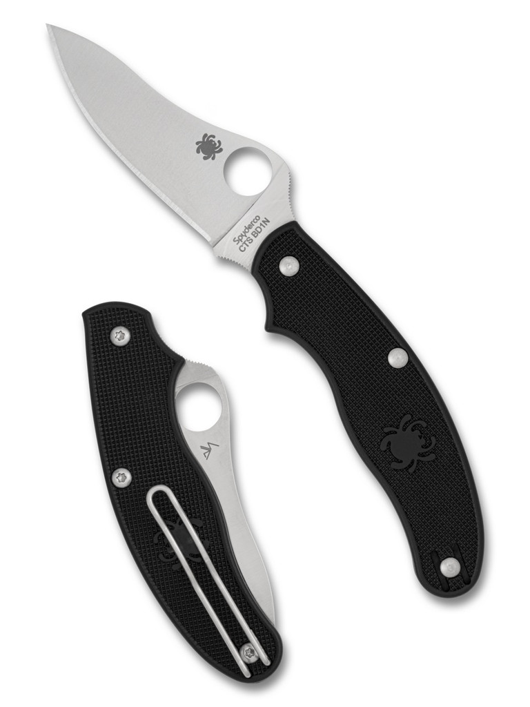 Spyderco UKPK Drop Point folding knife with thumb hole - shown open presentation side and closed pocket clip side.  Satin CTS-BD1N stainless steel plain edge blade. Black FRN handle.  Model C94PBK3.