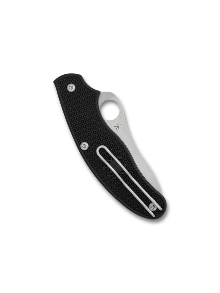 Spyderco UKPK Drop Point folding knife with thumb hole - shown open presentation side.  Satin CTS-BD1N stainless steel plain edge blade. Black FRN handle.  Model C94PBK3.