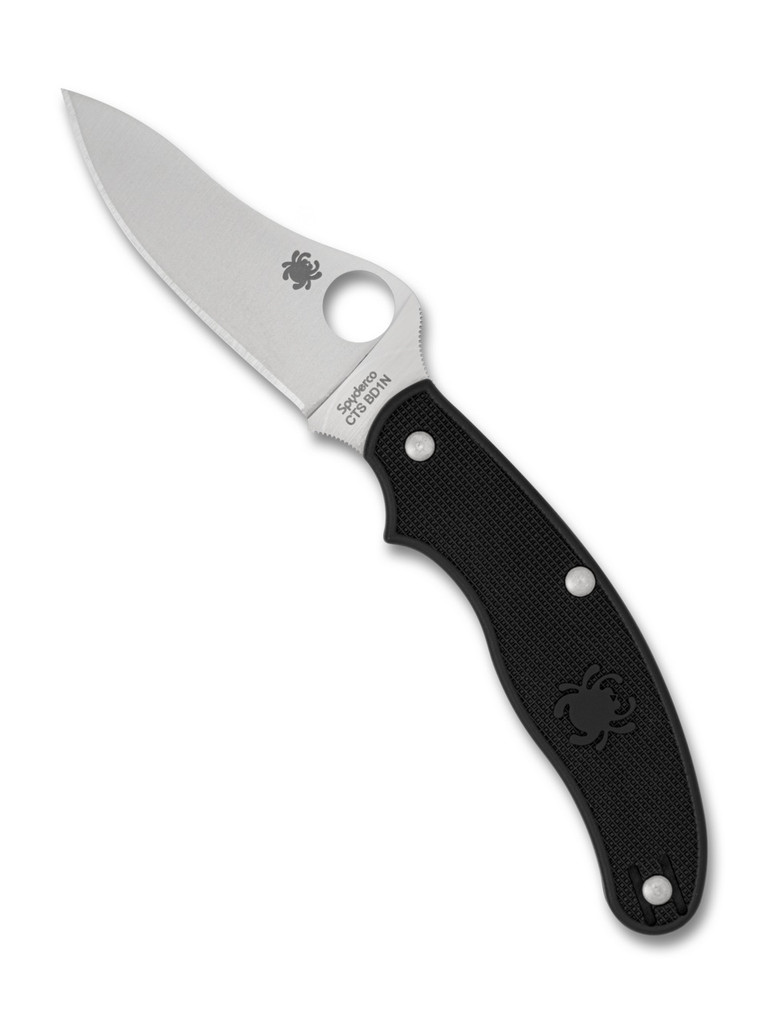 Spyderco UKPK Drop Point folding knife with thumb hole - shown closed pocket clip side.  Satin CTS-BD1N stainless steel plain edge blade. Black FRN handle.  Model C94PBK3.