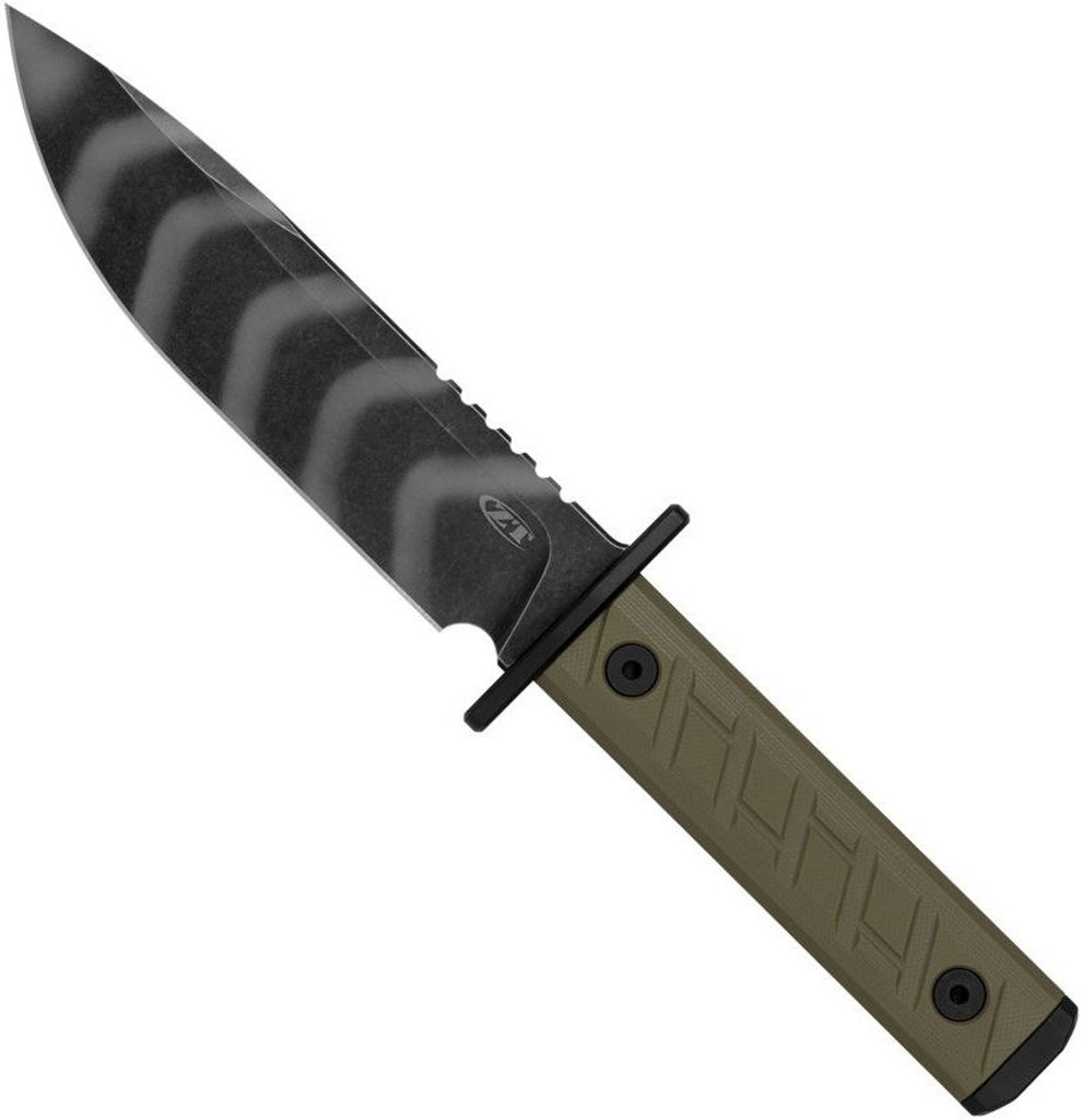 Zero Tolerance 006TSOL fixed blade knife out of sheath - logo side.  Tiger Stripe Cerakote 6" 3V steel plain edge blade.  Olive drab green G-10 handle.  Model 006TSOL.