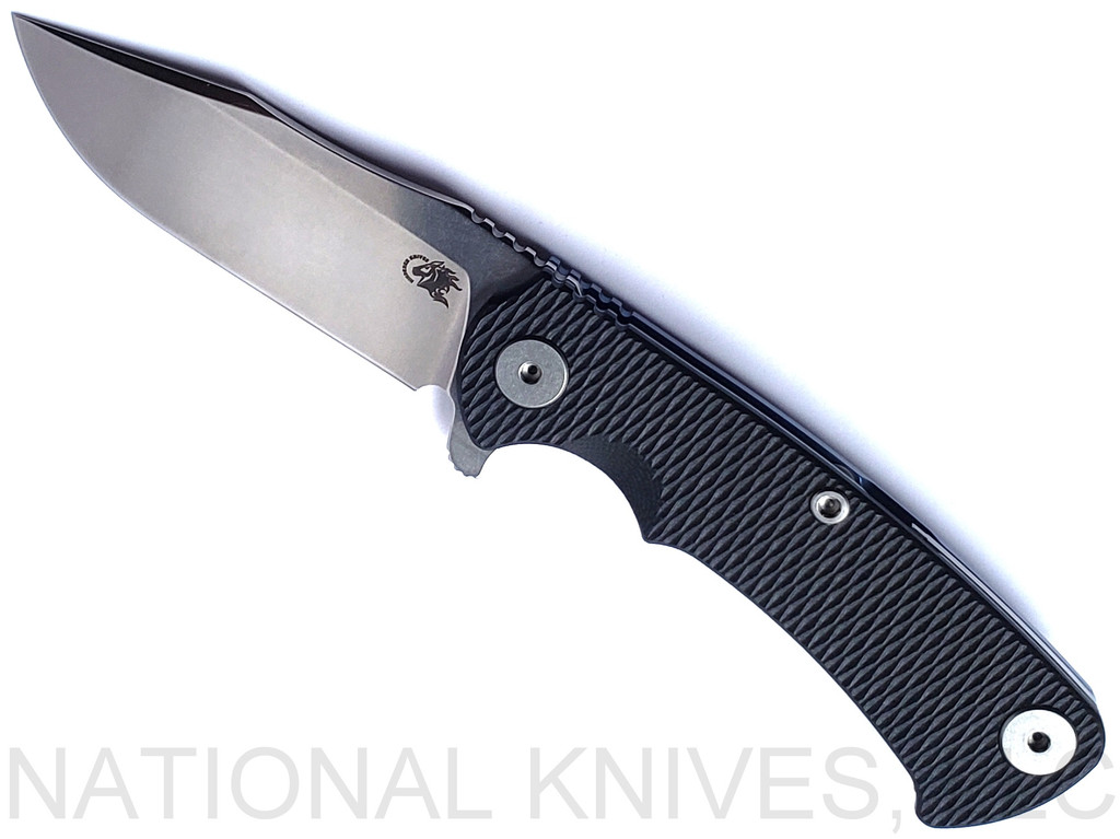 Rick Hinderer Knives Project X Clip Point folding knife with flipper tab - shown open presentation side.  Stonewash S45VN stainless steel plain edge blade.  Black G-10 handle with stonewash blue lock side.  Model KPXSPE.