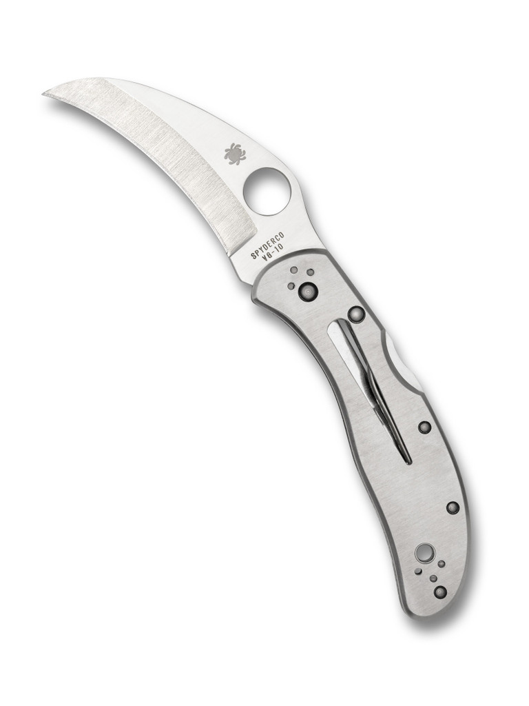 Spyderco Harpy folding knife with thumb hole - shown open presentation side.  Satin VG-10 stainless steel plain edge blade.  Stainless steel handle.  Model C08P.