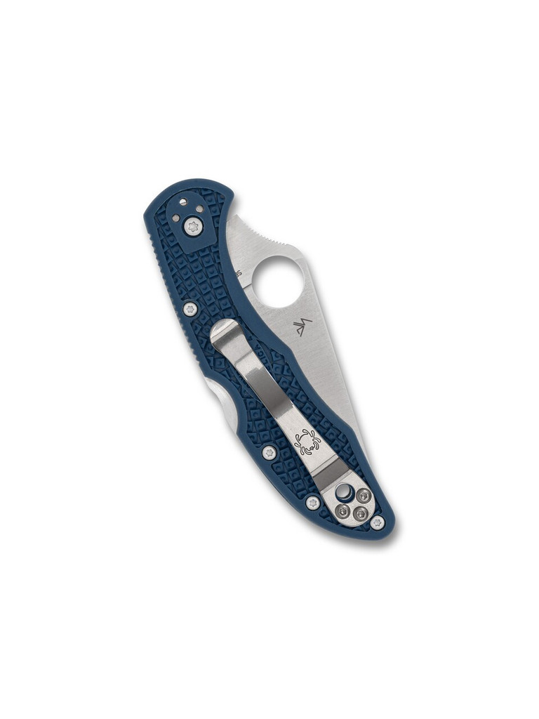 Spyderco Delica 4 folding knife with thumb hole - shown closed pocket clip side.  Satin SPY27 stainless steel plain edge blade.  Blue FRN handle.  Model C11PCBL.

