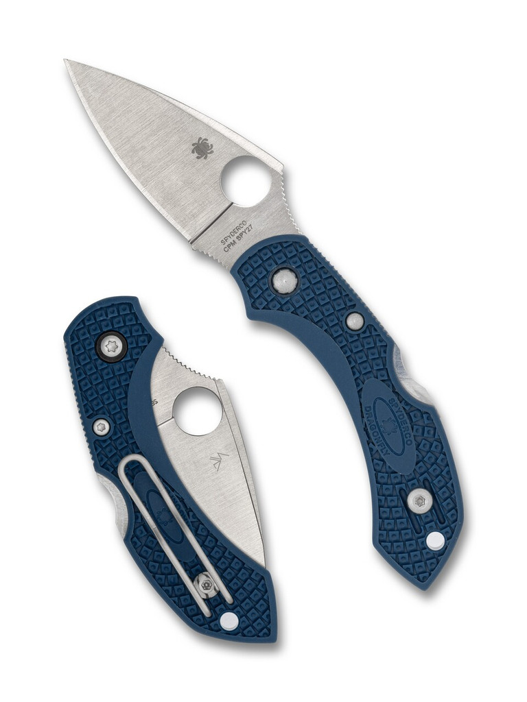 Spyderco Dragonfly 2 folding knife with thumb hole - shown open presentation side and closed pocket clip side.  Satin SPY27 stainless steel plain edge blade.  Cobalt Blue FRN handle.  Model C28PCBL2.