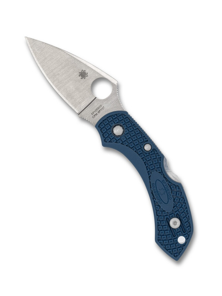 Spyderco Dragonfly 2 folding knife with thumb hole - shown open presentation side.  Satin SPY27 stainless steel plain edge blade.  Cobalt Blue FRN handle.  Model C28PCBL2.