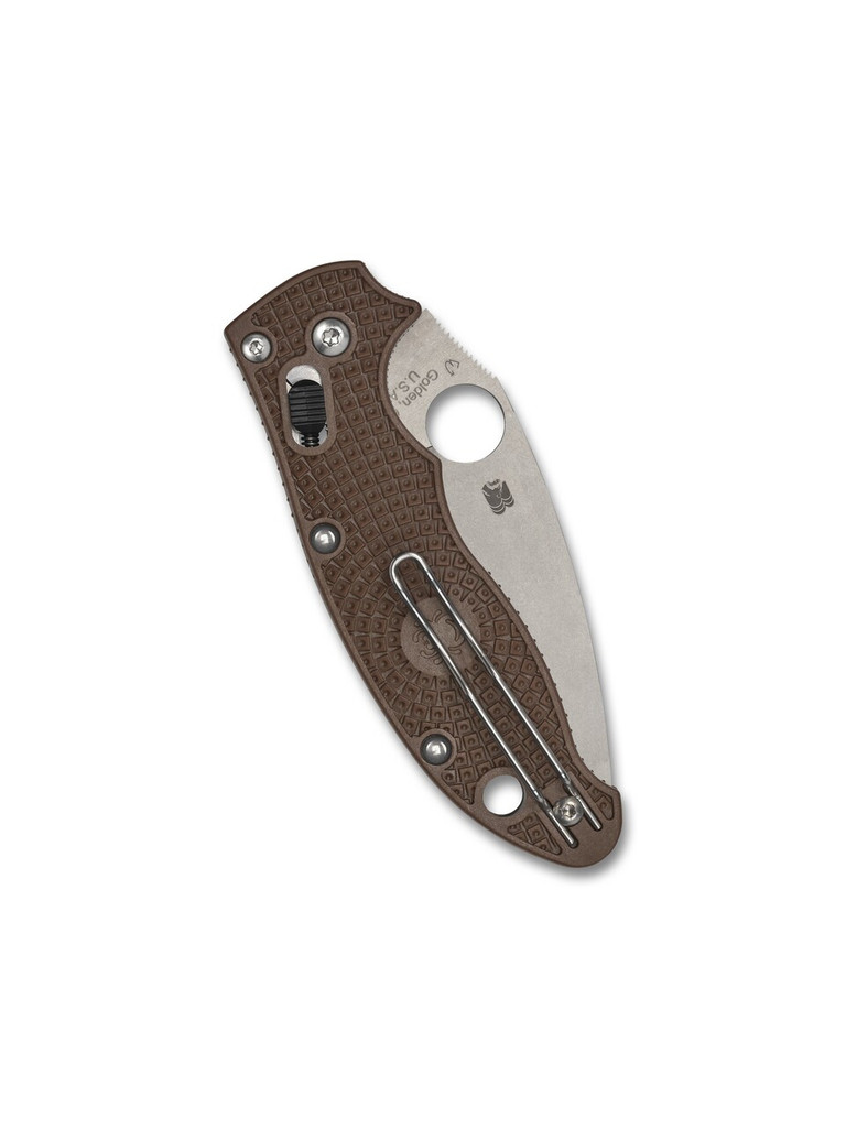 Spyderco Manix 2 Lightweight Sprint Run folding knife with thumb hole - shown closed pocket clip side.  15V steel plain edge blade.  Brown FRCP handle.  Model C101PBN15V2.
