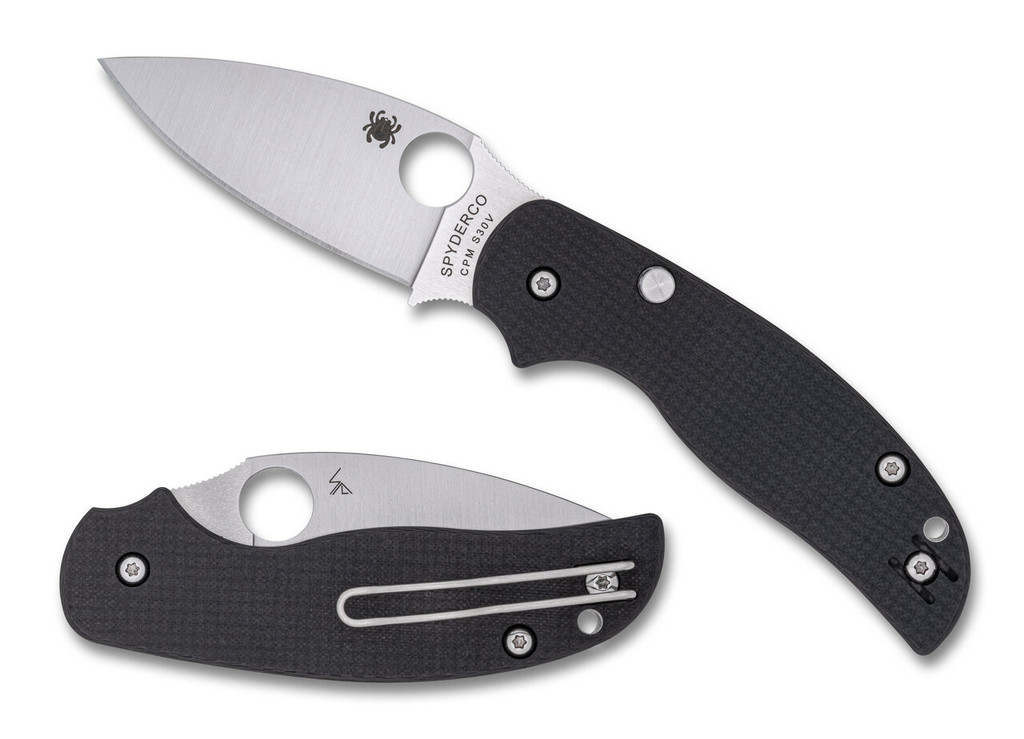 Spyderco Sage 6 folding knife with thumb hole - shown open presentation side and closed pocket clip side.  Satin S30V stainless steel plain edge blade.  Black carbon fiber and G-10 laminate handle.  Model C123CFBLP.
