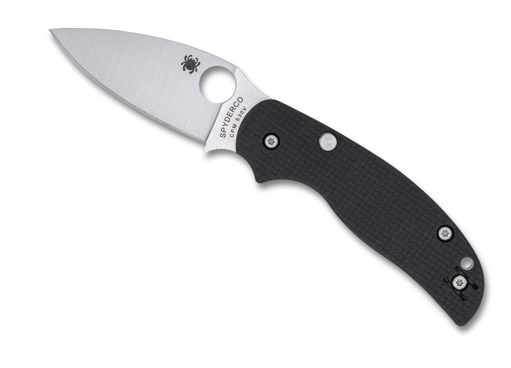 Spyderco Sage 6 folding knife with thumb hole - shown open presentation side.  Satin S30V stainless steel plain edge blade.  Black carbon fiber and G-10 laminate handle.  Model C123CFBLP.
