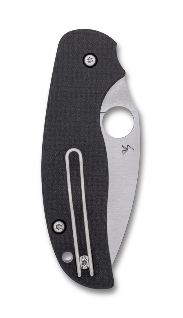 Spyderco Sage 6 folding knife with thumb hole - shown closed pocket clip side.  Satin S30V stainless steel plain edge blade.  Black carbon fiber and G-10 laminate handle.  Model C123CFBLP.
