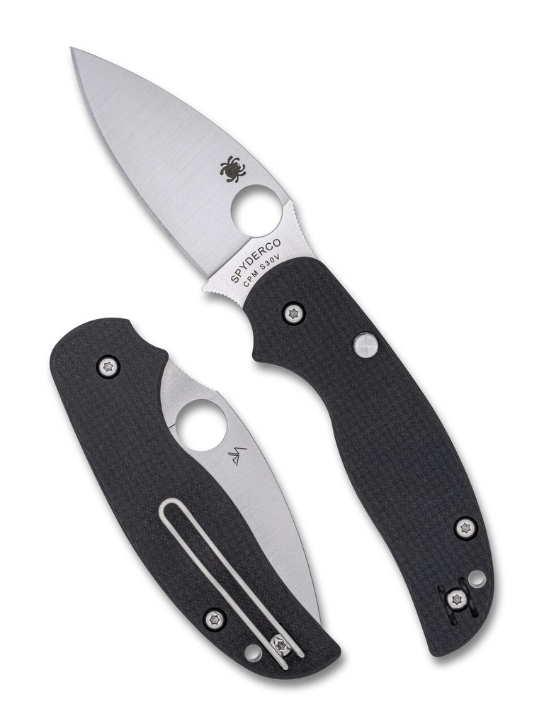 Spyderco Sage 6 folding knife with thumb hole - shown open presentation side and closed pocket clip side.  Satin S30V stainless steel plain edge blade.  Black carbon fiber and G-10 laminate handle.  Model C123CFBLP.