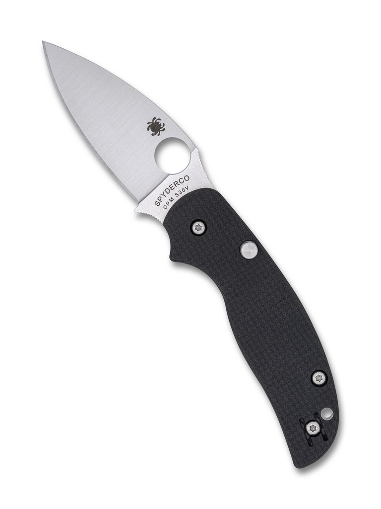 Spyderco Sage 6 folding knife with thumb hole - shown open presentation side.  Satin S30V stainless steel plain edge blade.  Black carbon fiber and G-10 laminate handle.  Model C123CFBLP.