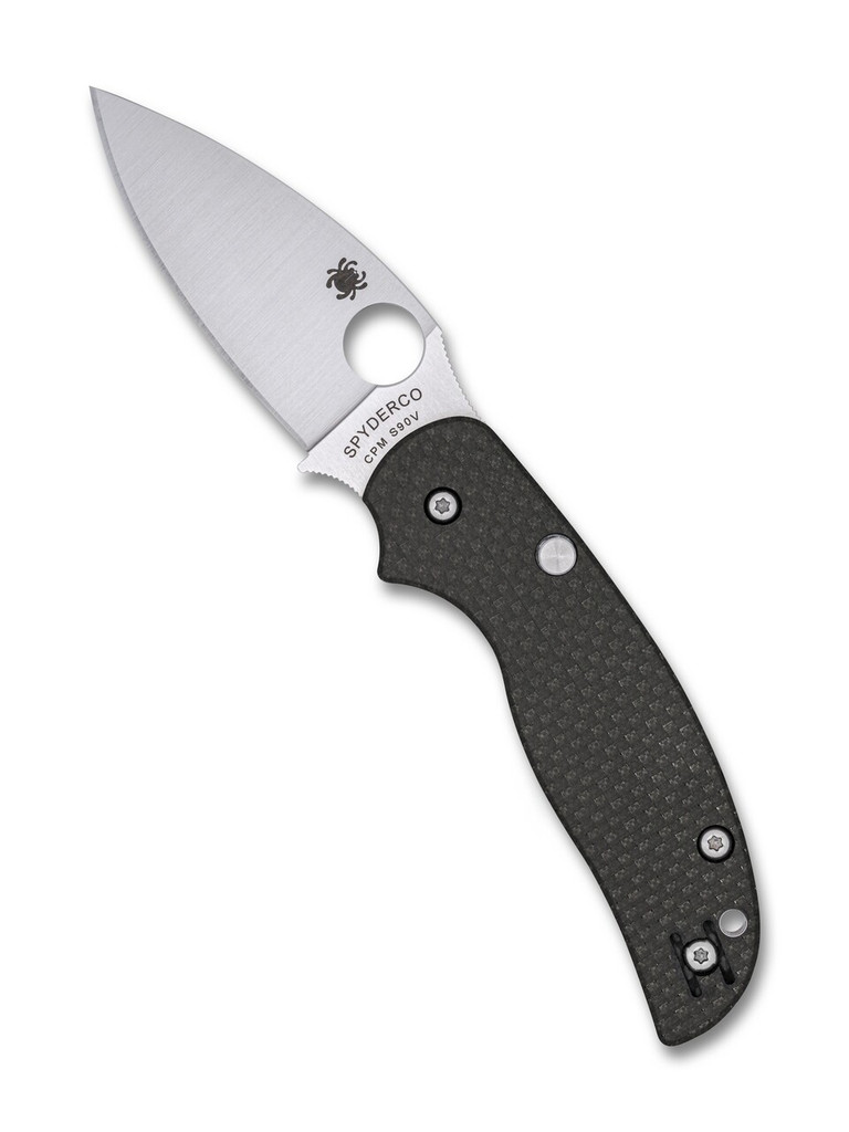 Spyderco Sage 6 Sprint Run folding knife with thumb hole - shown open presentation side.  Satin S90V stainless steel plain edge blade.  Black carbon fiber handle.  Model C123CFBCLS90VP.