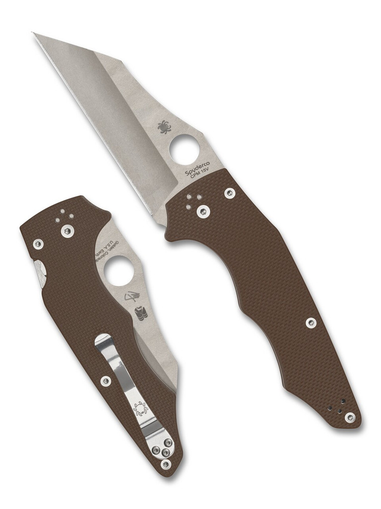 Spyderco Yojumbo Sprint Run folding knife with thumb hole - shown open presentation side and closed pocket clip side.  15V steel plain edge blade.  Brown G-10 handle.  Model C253GPBN15V.