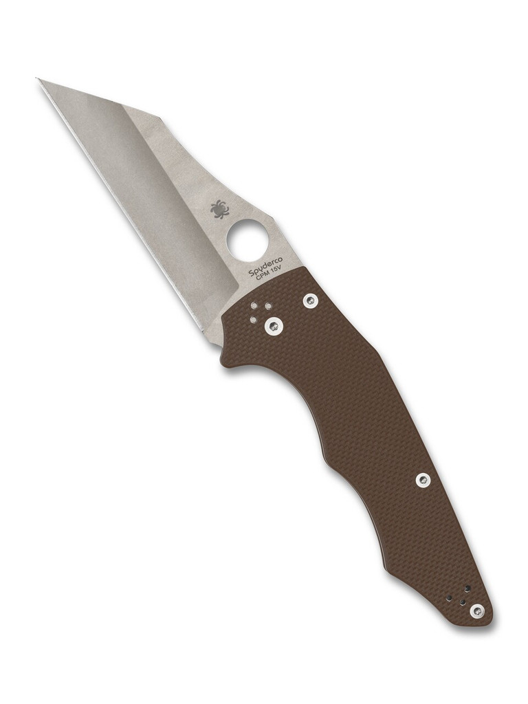 Spyderco Yojumbo Sprint Run folding knife with thumb hole - shown open presentation side.  15V steel plain edge blade.  Brown G-10 handle.  Model C253GPBN15V.