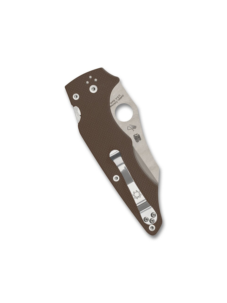 Spyderco Yojumbo Sprint Run folding knife with thumb hole - shown closed pocket clip side.  15V steel plain edge blade.  Brown G-10 handle.  Model C253GPBN15V.