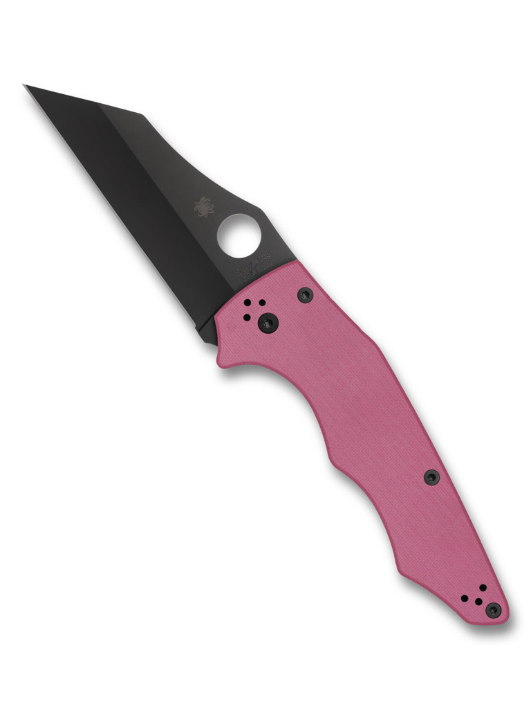 Spyderco Yojumbo Sprint Run folding knife with thumb hole - shown open presentation side.  Black S30V stainless steel plain edge blade.  Pink G-10 handle.  Model C253GPNBKP.