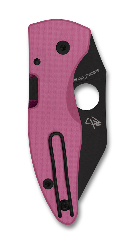 Spyderco MicroJimbo Sprint Run folding knife with thumb hole - shown closed pocket clip side.  Black S30V stainless steel plain edge blade.  Pink G-10 handle.  Model C264GPNBKP.