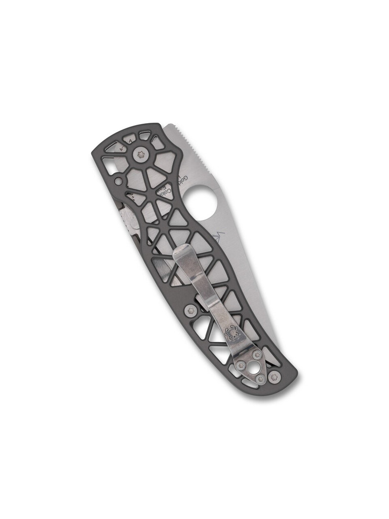 Spyderco Edgerati folding knife with thumb hole - shown closed pocket clip side.  Satin S30V stainless steel serrated edge blade. Aluminum handle.  Model C266ALS.