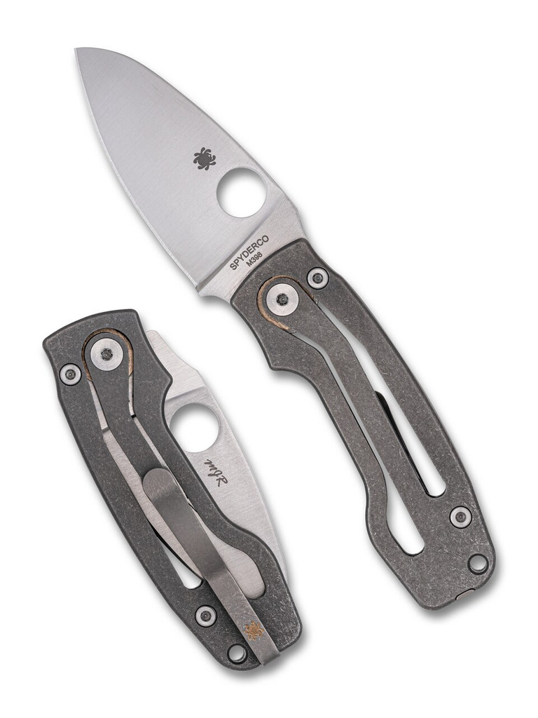 Spyderco PITS 2 folding knife with thumb hole - shown open presentation side and closed pocket clip side.  Satin M398 stainless steel plain edge blade.  Titanium handle.  Model C269TIP.