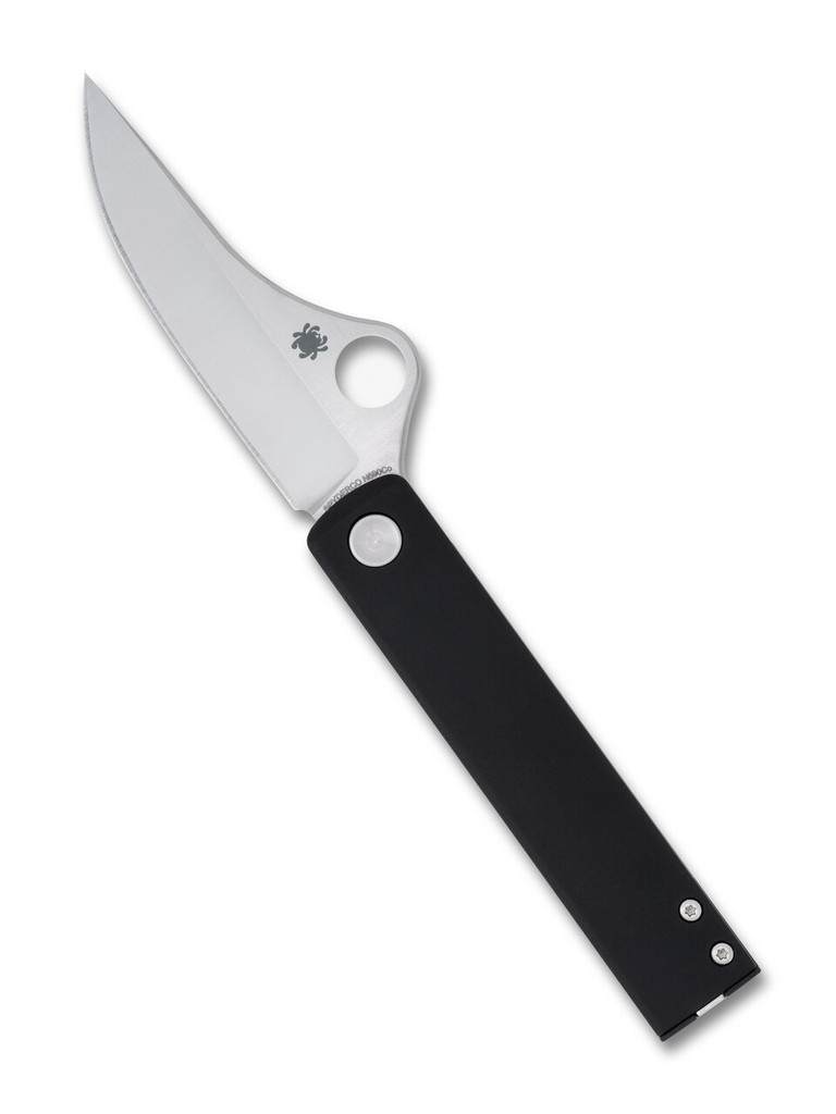Spyderco Essenza folding knife with thumb hole - shown open presentation side.  Satin N690Co stainless steel plain edge blade.  Black Aluminum handle.  Model C272ALBKP