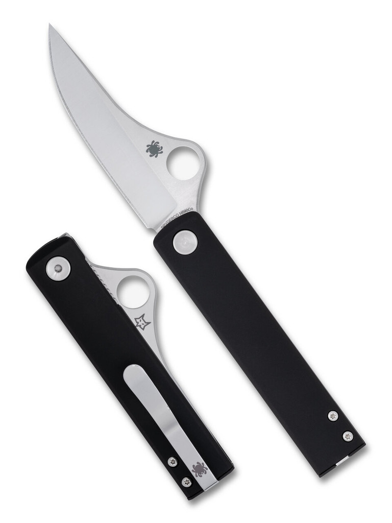Spyderco Essenza folding knife with thumb hole - shown open presentation side and closed pocket clip side.  Satin N690Co stainless steel plain edge blade.  Black Aluminum handle.  Model C272ALBKP