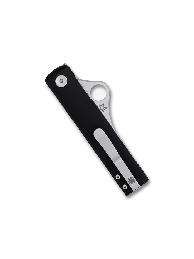 Spyderco Essenza folding knife with thumb hole - shown closed pocket clip side.  Satin N690Co stainless steel plain edge blade.  Black Aluminum handle.  Model C272ALBKP