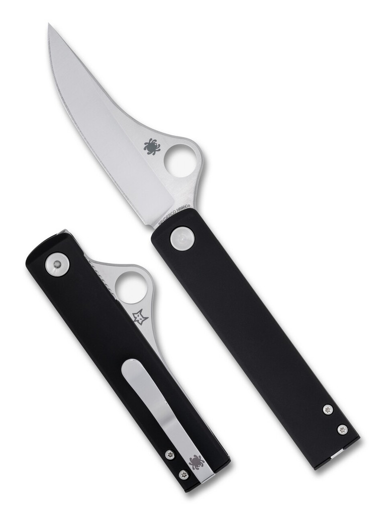 Spyderco Essenza folding knife with thumb hole - shown open presentation side and closed pocket clip side.  Satin N690Co stainless steel plain edge blade.  Black Aluminum handle.  Model C272ALBKP