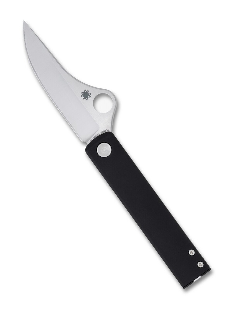 Spyderco Essenza folding knife with thumb hole - shown open presentation side.  Satin N690Co stainless steel plain edge blade.  Black Aluminum handle.  Model C272ALBKP