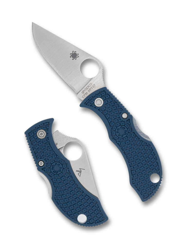 Spyderco Manbug Folding Knife Opened and Closed.  Satin 1.96" SPY27 stainless steel plain edge blade.  Blue FRN handle.  Model MPCBL