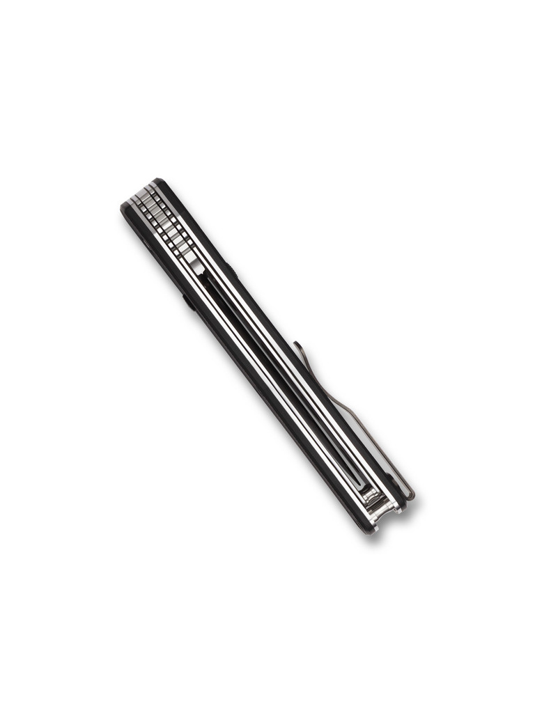 Spyderco Janisong restricted knife - shown top view.  Satin S30V stainless steel plain edge blade.  Black G-10 handle with button lock.  
Model C191GP