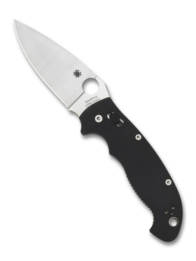 Spyderco Manix 2 XL folding knife with thumb hole - shown open presentation side.  Satin S30V stainless steel plain edge blade. Black G-10 handle.  Model C95GP2.