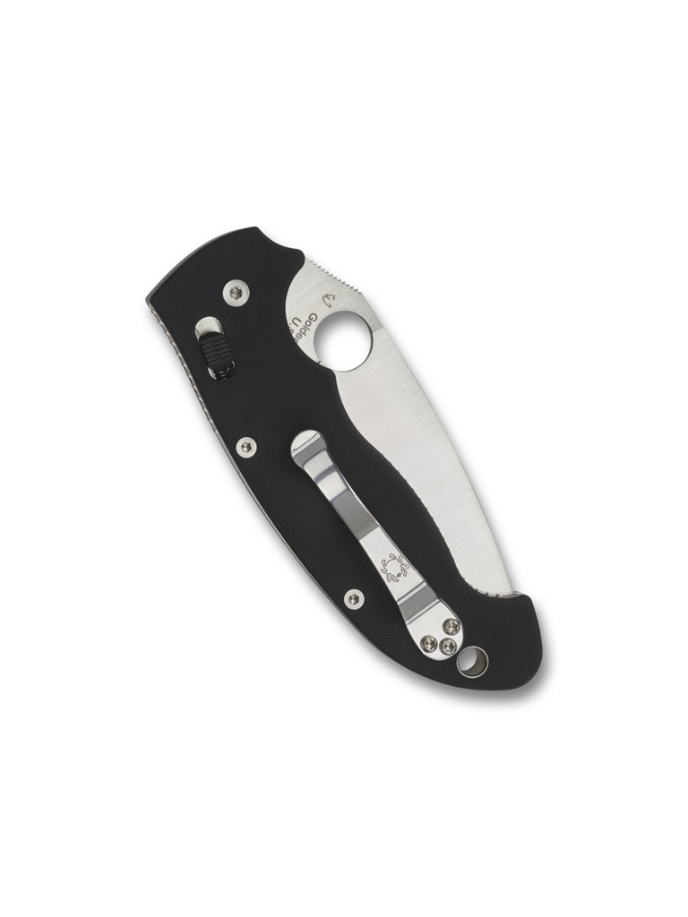 Spyderco Manix 2 XL folding knife with thumb hole - shown closed pocket clip side.  Satin S30V stainless steel plain edge blade. Black G-10 handle.  Model C95GP2.