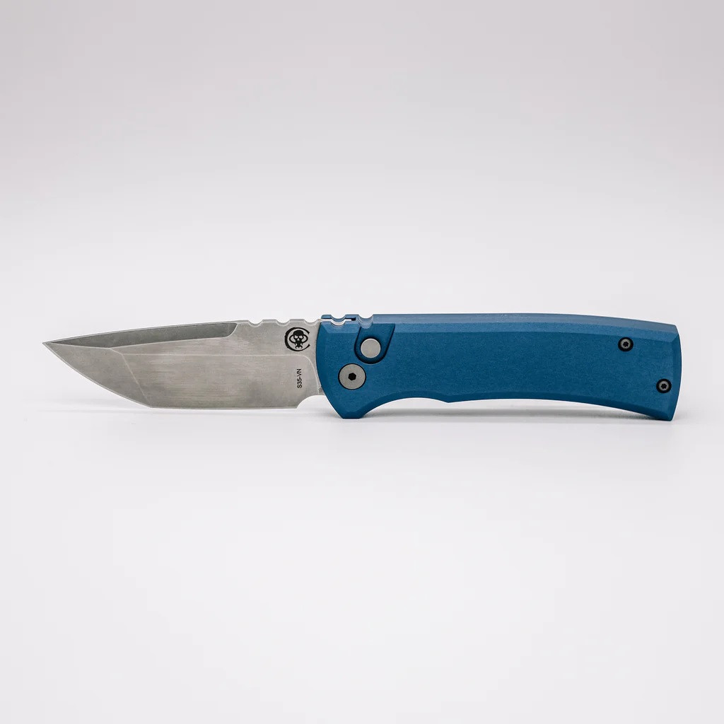 Chaves Knives Pro-Tech Collaboration Redencion 229 Tanto automatic knife - push button side.  Stonewash S35VN stainless steel plain edge blade.  Blue aluminum handle.  Model CK-1A10-2B3F-12D5