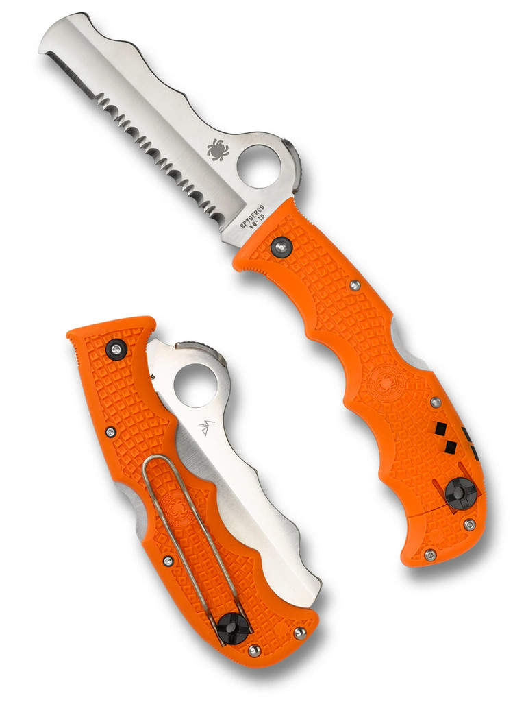 Spyderco Assist Rescue folding knife with thumb hole - shown open presentation side and closed pocket clip side.  Satin VG-10 stainless steel combo edge blade.  Orange FRN handle.  Model C79PSOR.