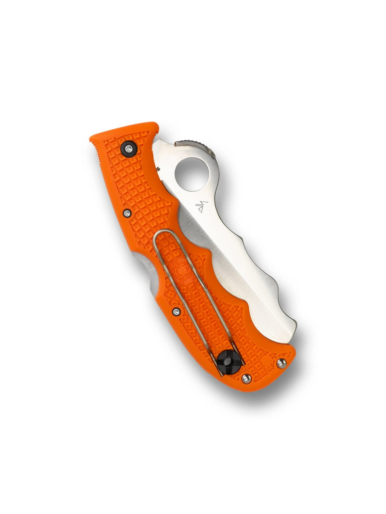 Spyderco Assist Rescue folding knife with thumb hole - shown closed pocket clip side.  Satin VG-10 stainless steel combo edge blade.  Orange FRN handle.  Model C79PSOR.
