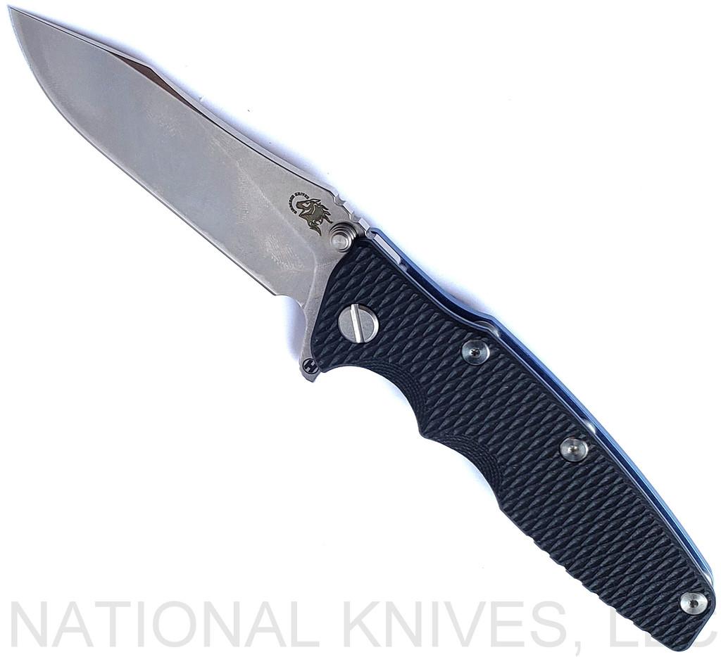 Rick Hinderer Knives Eklipse folding knife with flipper tab - shown open - presentation side.  Stonewash 3.5" hollow grind S45VN stainless steel plain edge blade.  Black G-10 handle scale.  Model KEK35SLHO
