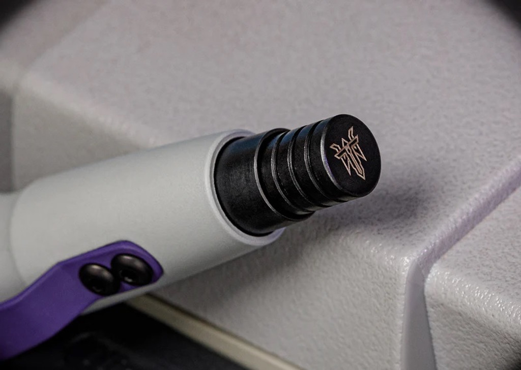 Tuff Writer Precision Press Pen - Super Precision V-Spec limited edition - close up of push button.  Gray, purple, and black aluminum body with black ink.