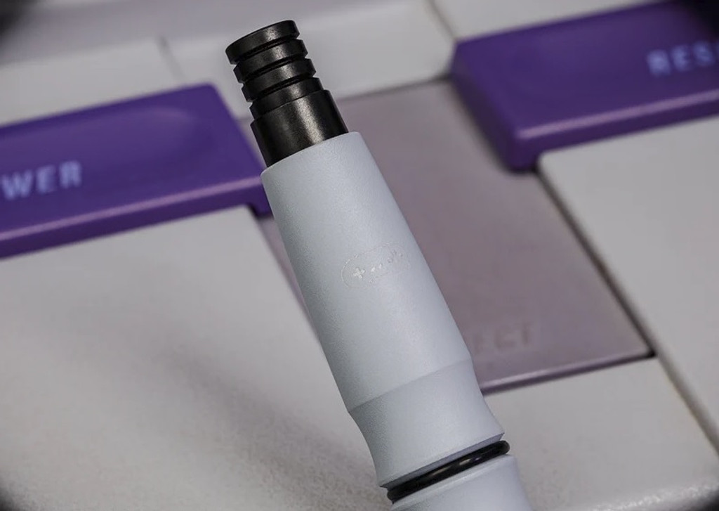 Tuff Writer Precision Press Pen - Super Precision V-Spec limited edition - close up of game controller engraving.  Gray, purple, and black aluminum body with black ink.