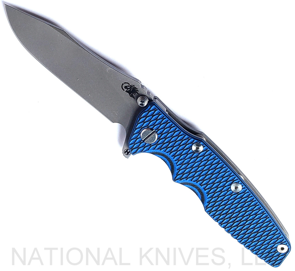Rick Hinderer Knives Eklipse folding knife with flipper tab - shown open - presentation side.  Working Finish 3.5" hollow grind S45VN stainless steel plain edge blade.  Blue - Black G-10 handle scale.  Model KEK35SLHO